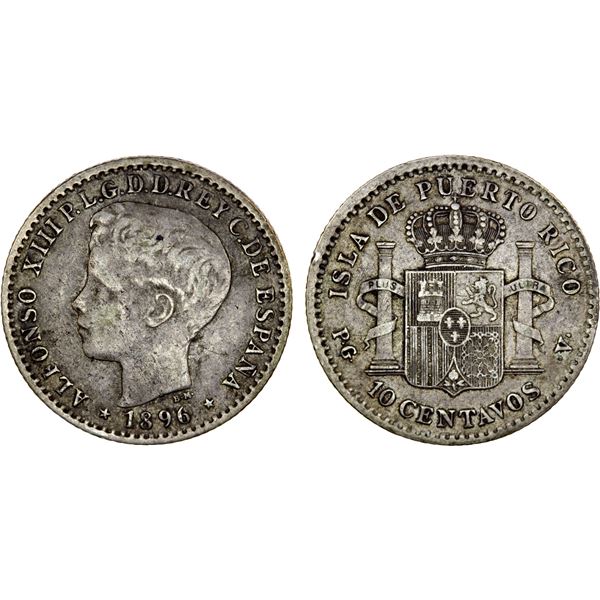 PUERTO RICO: Alfonso XIII, 1886-1898, AR 10 centavos, 1896, VF