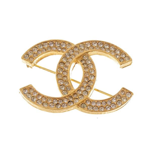 Chanel Vintage Gold-tone Metal CC Rhinestone Brooch