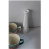 Image 2 : (8) Pioneer Woman Brand Mugs and Milk Glass Vase