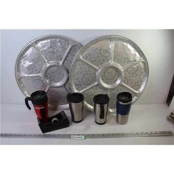 (2) Foil Trays - (4) Travel Mugs - Tape Dispenser