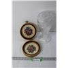 Image 1 : Crystal Vase and (2) Floral Embroidered Wall Art Pieces