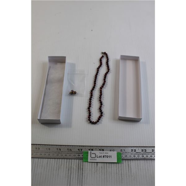 Red/Brown Pearl Necklace (22") with Earrings