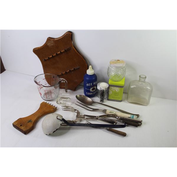 Fire King Measuring Cup - Upholstery Webbing Stretcher - Vintage Nujol Bottle - Collector Spoon Hold