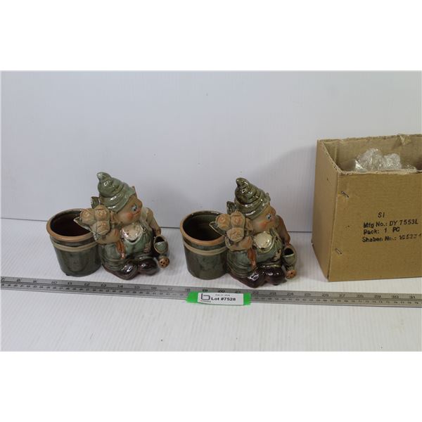 (2) Ceramic Pottery Plant Pot Gnome (NIB)