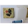 Image 2 : White 3 Gallon Water Jug w/Hand Pump, (2) Rooster Pictures 12"x12"