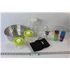 Image 1 : NorPro Juicer Glass Jars, Glass Tea Steeper Pot, (12) Plastic Shot Glasses, Bundt Pan, Wallet, Misc.