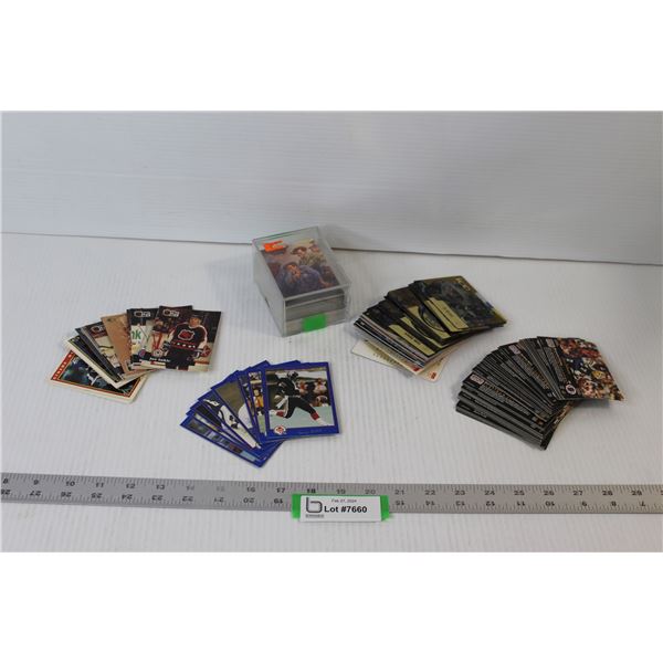 100+ Assorted Hockey & Football Cards, Deck of Cards in Plastic Container