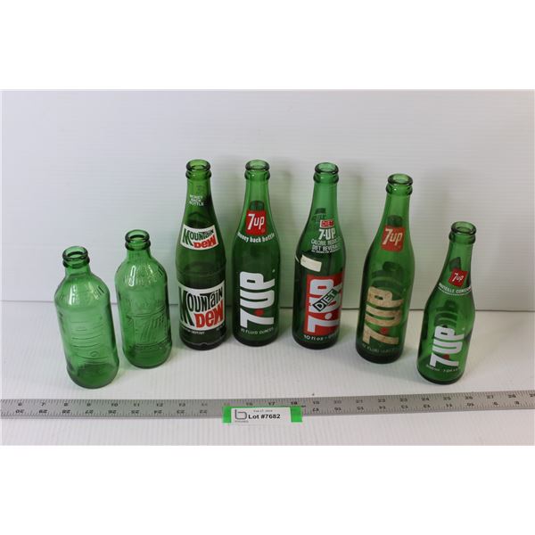 (6) 7-up Glass Bottles, Mountain Dew Bottle