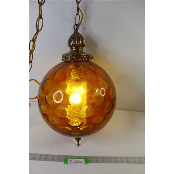 Mid-Century Hanging Amber Glass Swag Light - Plug-In - Works (12" Shade Size, 20" Light Fixture Leng