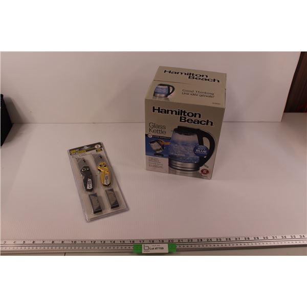 Hamilton Beach Glass Kettle (New in Box), Fix-It Ball Bearing Knife Set (New in Package)