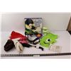 Image 1 : Misc. Items Including Books, Messager, Horse Head Shoe Brush, Belt, Dog Monster Costume, Gloves etc.
