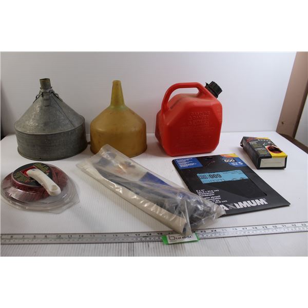 (2) Funnels, Gas Can, Duster, Misc.