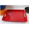 Image 3 : Rubbermaid Container w/Lid - Lg Red Tray - (4) Ice Cube Trays - Sm Frying Pan - Blue Bowl - Plastic 