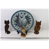 Image 1 : Fabric Owl Design Glass Plate (13" on Stand) - (3) Carved Wood Owls