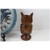 Image 2 : Fabric Owl Design Glass Plate (13" on Stand) - (3) Carved Wood Owls