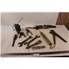 Image 1 : Vintage/Antique Tools - Oil Can, Pipe Wrenches, Open Ended Wrenches, Grease Gun, Die, Knife Sharpene