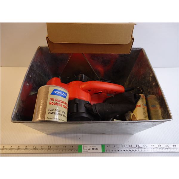 Metal Tote Containing Black and Decker Electric Sander (working) and lot of sanding supplies