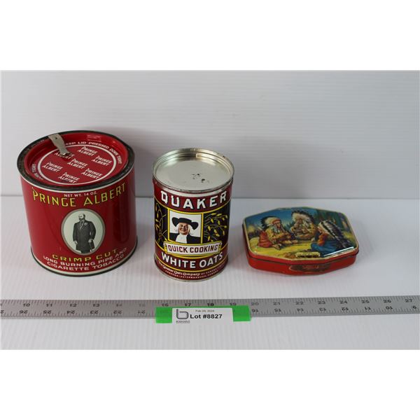 Prince Albert Tobacco Canister, Quaker Oats Tin, Peace Pipe Tin