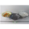 Image 1 : (2) Metal Enamel Bowls - Some Wear, (1) Metal Enamel Strainer - Some Wear