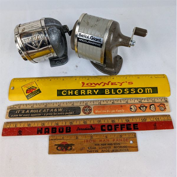 Set of 2 Vintage Pencil Sharpeners and 4 Vintage Rulers