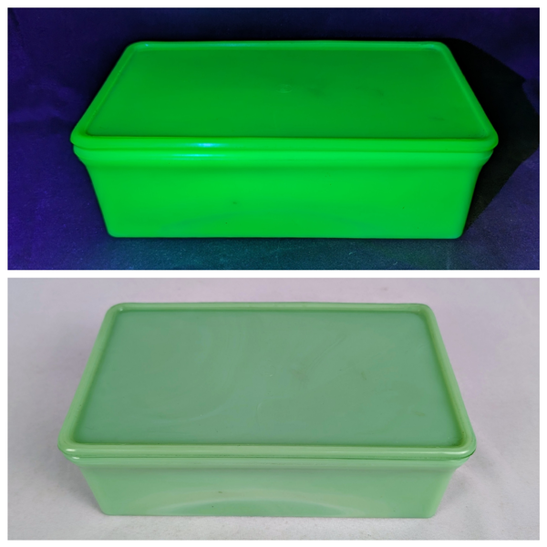 Amazing!  McKee Uranium Jadite Covered Dish  8" x 5" x 2.5"