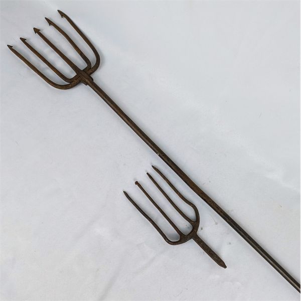 Primitive Early 19th Century Blacksmith Hand Forged Fish Spear and Cast Iron Hay Fork