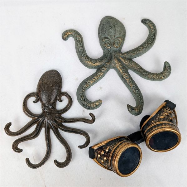Set of 2 Vintage Metal Octopus and a Pair of Steampunk Goggles