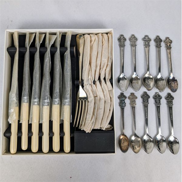 6 Rolex Spoons and New in Box Stainless Steel Cutlery Set 