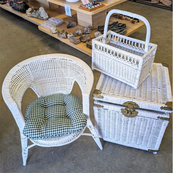 Set of 3 Vintage Wicker Furniture Items