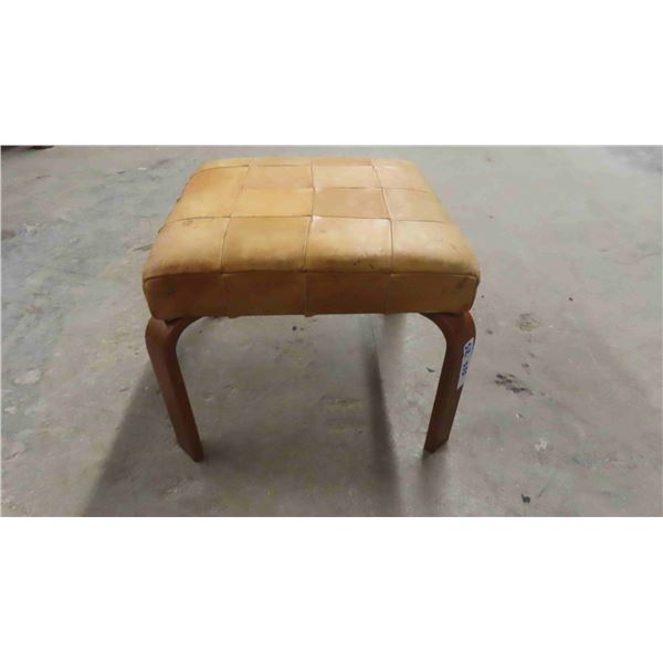 Teak + Leather Ottoman 13" x 16" x 16" 