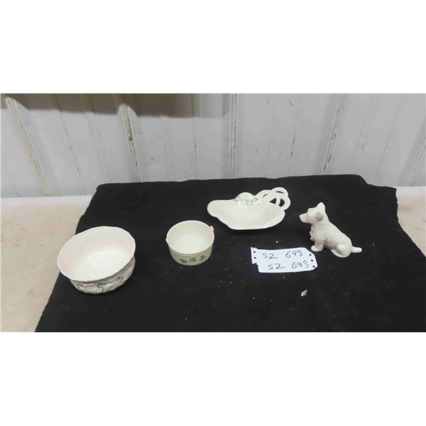 4 Belleek Dishes, Dog Ornaments