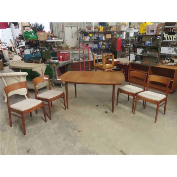 Teak Table 29" x 38" x 59" plus (2) 18" Leaves & 4 Chairs - 1 has stain