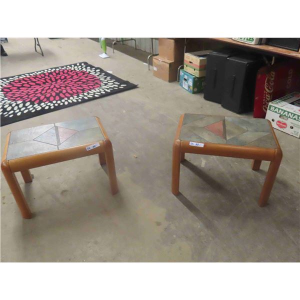 2 End Tables - Teak with Slate Top 19" x 19" x 27" 