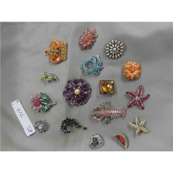 Vintage Brooches with Rhinestones + Enamel - 16 Total