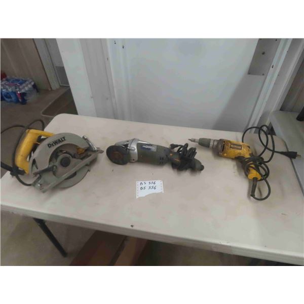 3 Power Tools ; DeWalt Drywall Gun, DeWalt Circular Saw, Mastercraft Maximum 