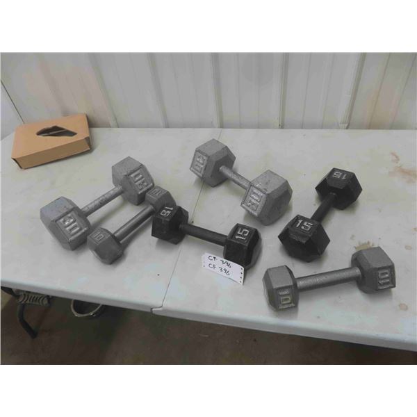 6 Steel Dumbbell Weights ; (2) 30 lb, (2) 15lb, (2) 10lb