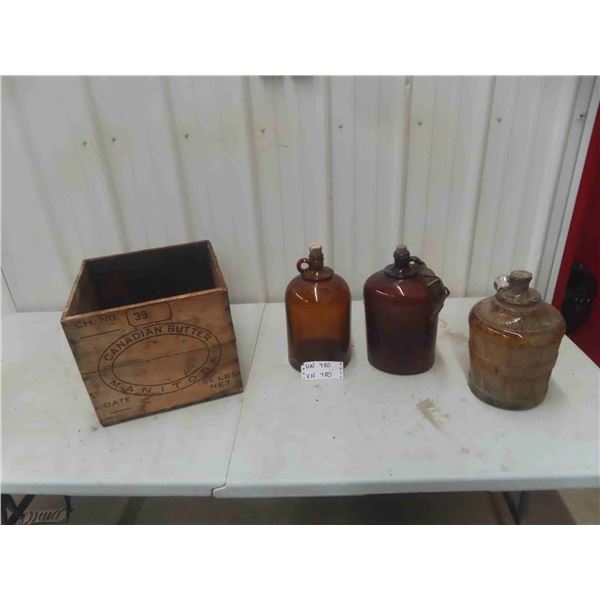 3 Wine Jugs & Wooden Bottle Crate