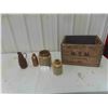 Image 1 : Milk Crate , Bottle, 2 Stoneware, Wood + Copper Pitcher