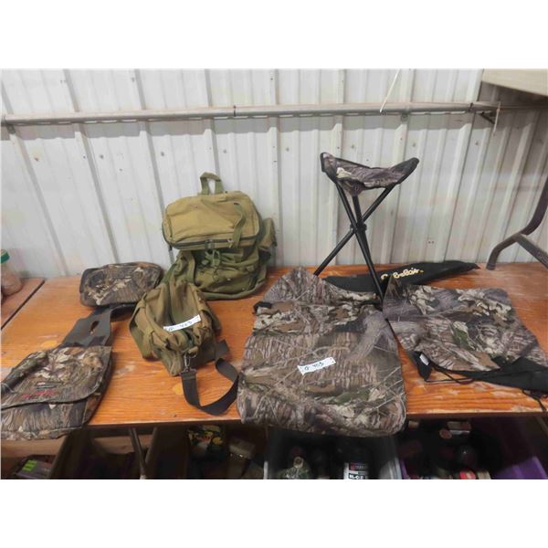 Camo Saddle Bag, Dog Blind, Folding Stool, Canvas Backpack + Carry On 