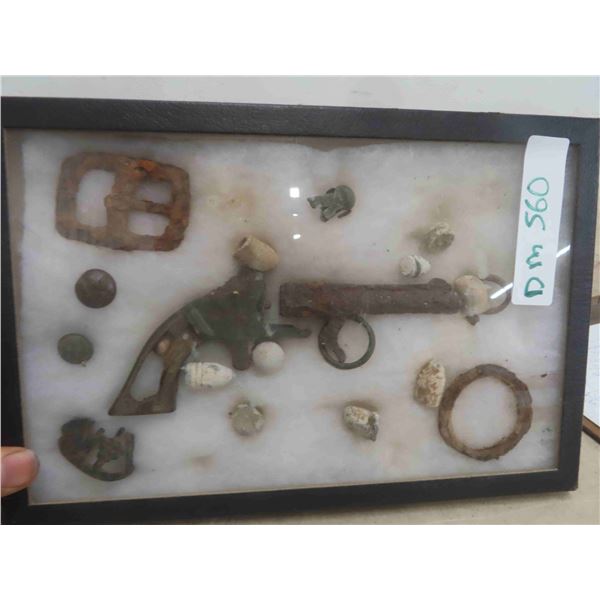 Civil War Relic Pistol Parts, Bullet, Belt Buckle, Ring Hardware 8.5" x 12" Frame