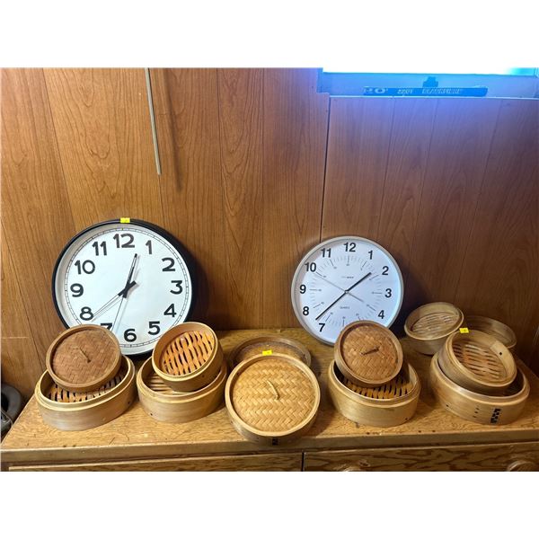 Set Of wall Clocks And Large Assortment Of Asian Steamer Baskets