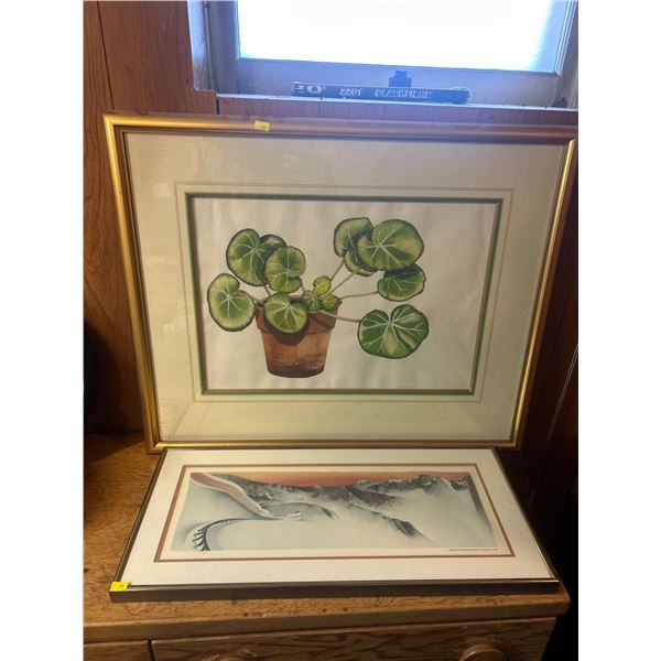 Framde Monstera Leaf Print  29 x 25 And Framed Snowy Mountain Print 26 x 12