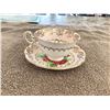 Image 1 : Vintage pale pink EB Foley scalloped teacup and saucer, pink, red roses and gold trim.  England