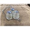 Image 1 : Vintage 1950's metal wheelbarrow shaped condiment stand, 3 cut glass shakers with lids - salt, peppe