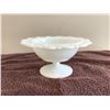 Image 1 : Vintage white milk glass lace edge pedestal compote vase - heart shaped lace. 3 ½ ' tall, 7" across.