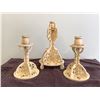 Image 1 : Vintage trio carved wood hand scrolled candlestick holders.  One 9 ½", two 7 ½"
