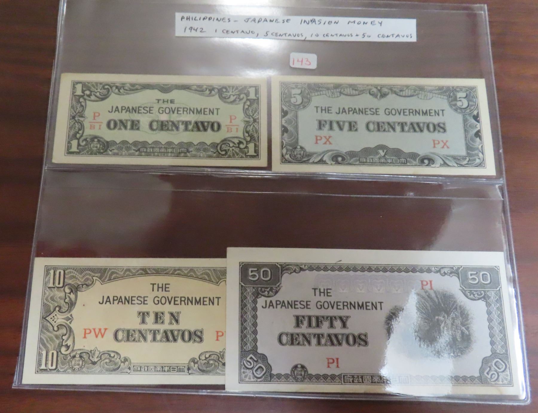 Japanese Invasion Notes Philippines. Japanese Invasion Money. ND (1942). Lot of 4 notes for 1 ...