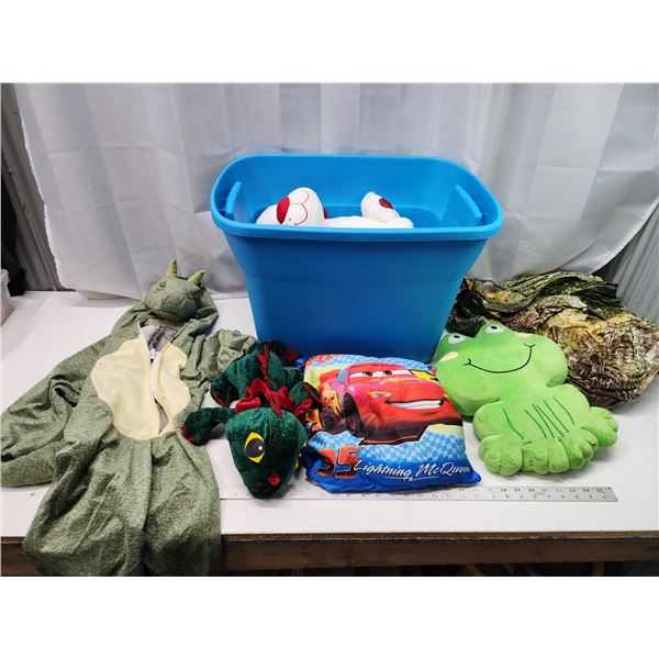 Tub of misc. kids items - sz 4-6x dino costume, stuffed animals, blow up dinosaur, etc.