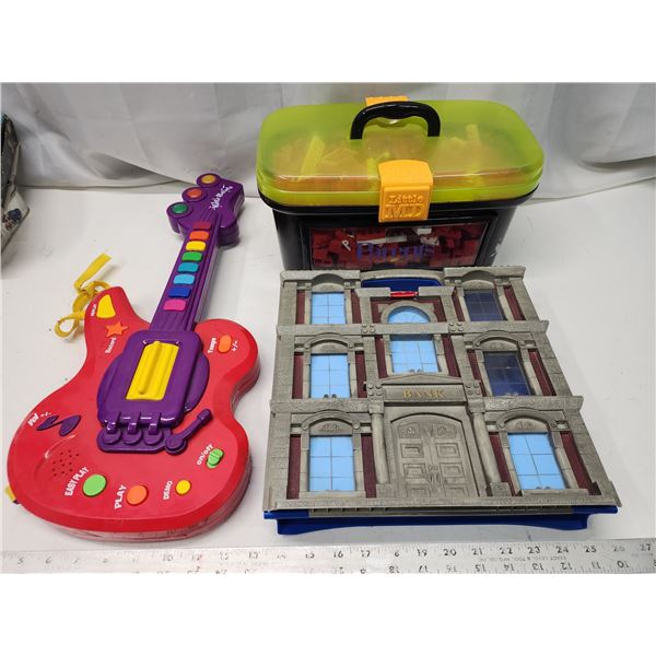 Misc. toys - Container of bricks, Bank shaped blocks holder and guitar toy