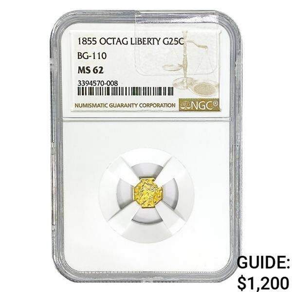 1855 Octagonal California Gold Quarter NGC MS62 BG